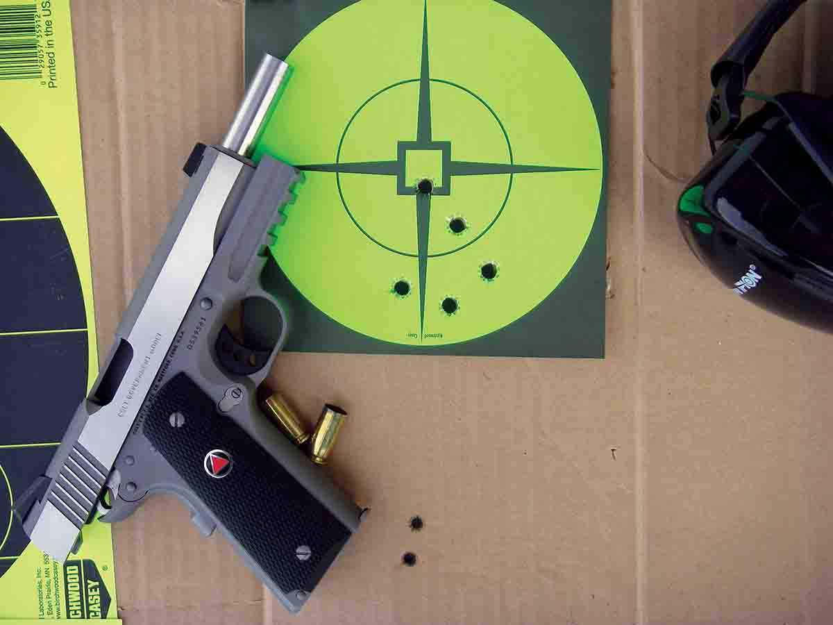 This is typical 25-yard accuracy obtained with the Colt Delta Elite 10mm Auto.